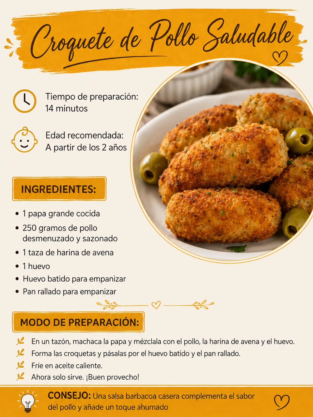 Receta Croquete de Pollo Saludable: ingredientes, preparación y consejo
